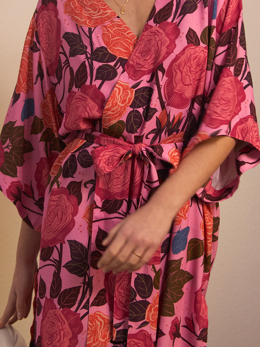 Short Kimono | Collage Pattern Bamboo | Roses - Image 6