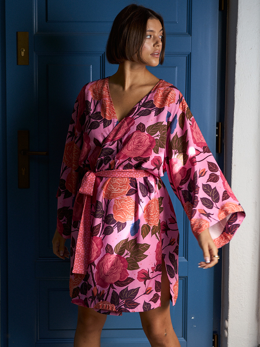 Short Kimono | Collage Pattern Bamboo | Roses